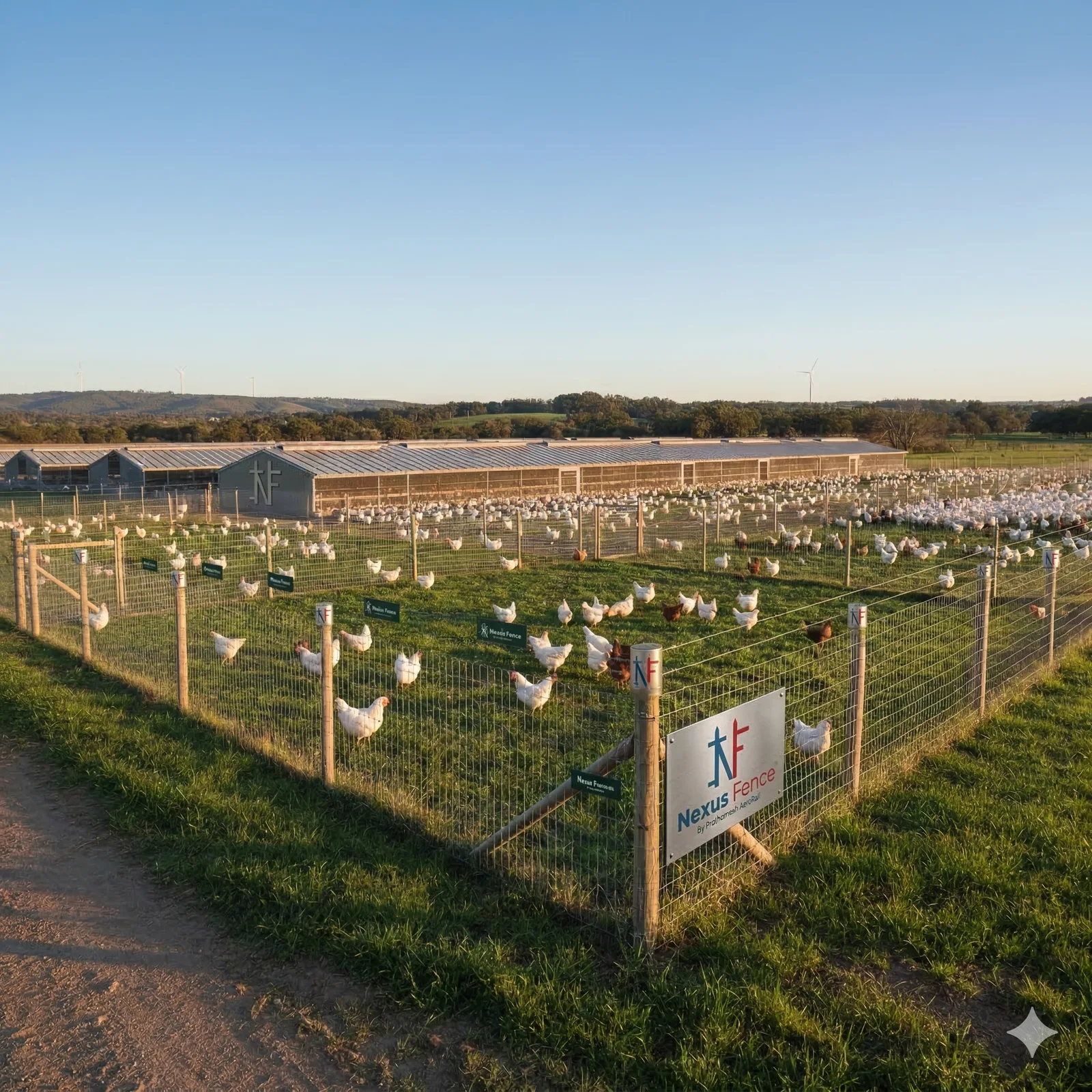 Nexus Agri-Armor mesh fence enclosing free-range chickens on a poultry farm