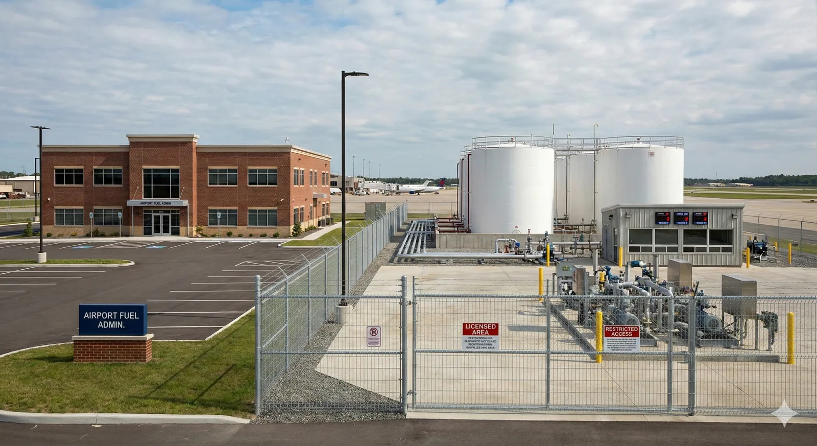 Yellow Nexus Fence welded mesh fence and gate securing an airport fuel farm with storage tanks