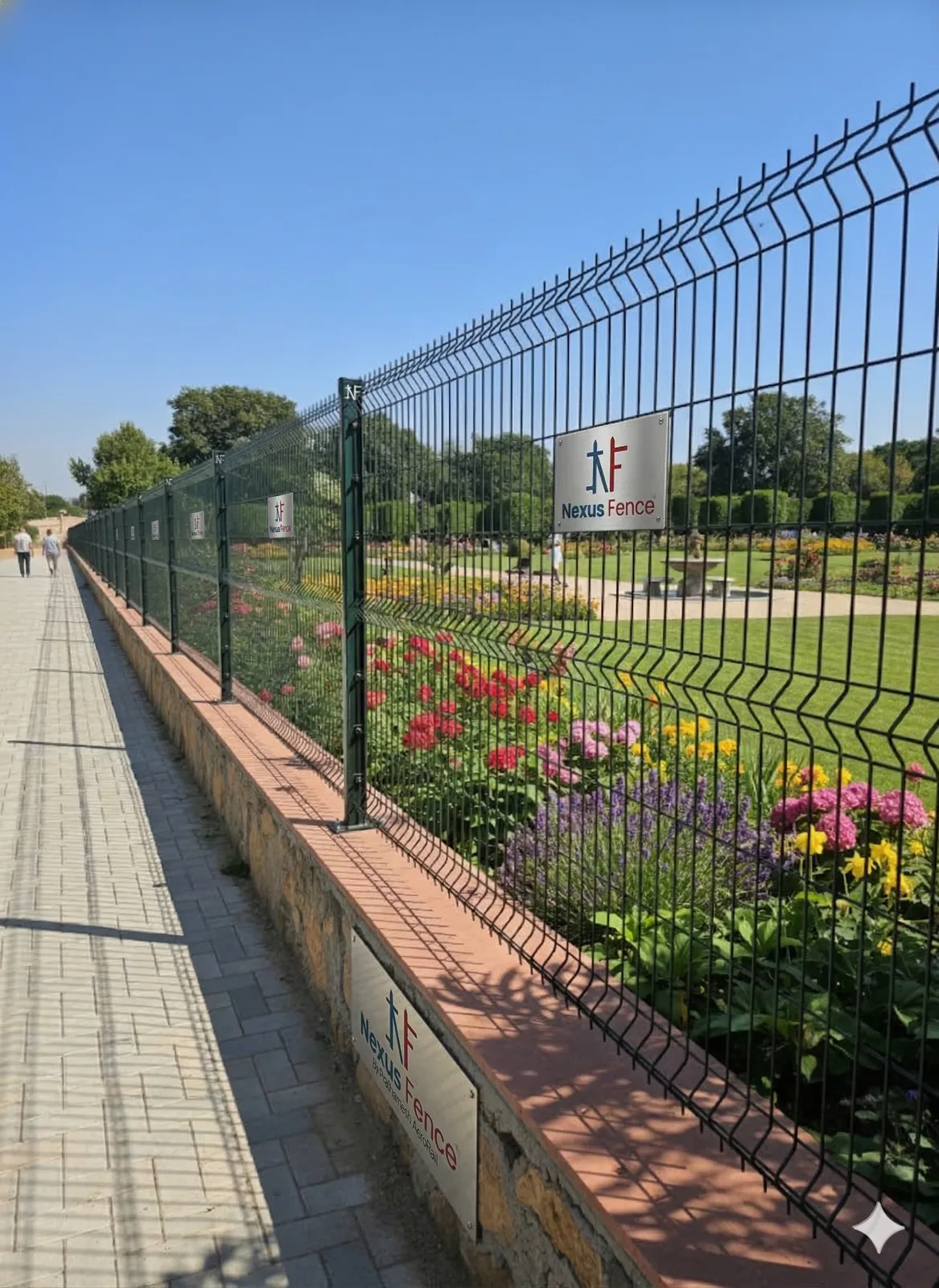 Green Nexus Fence welded mesh panels along a landscaped garden walkway with flower beds