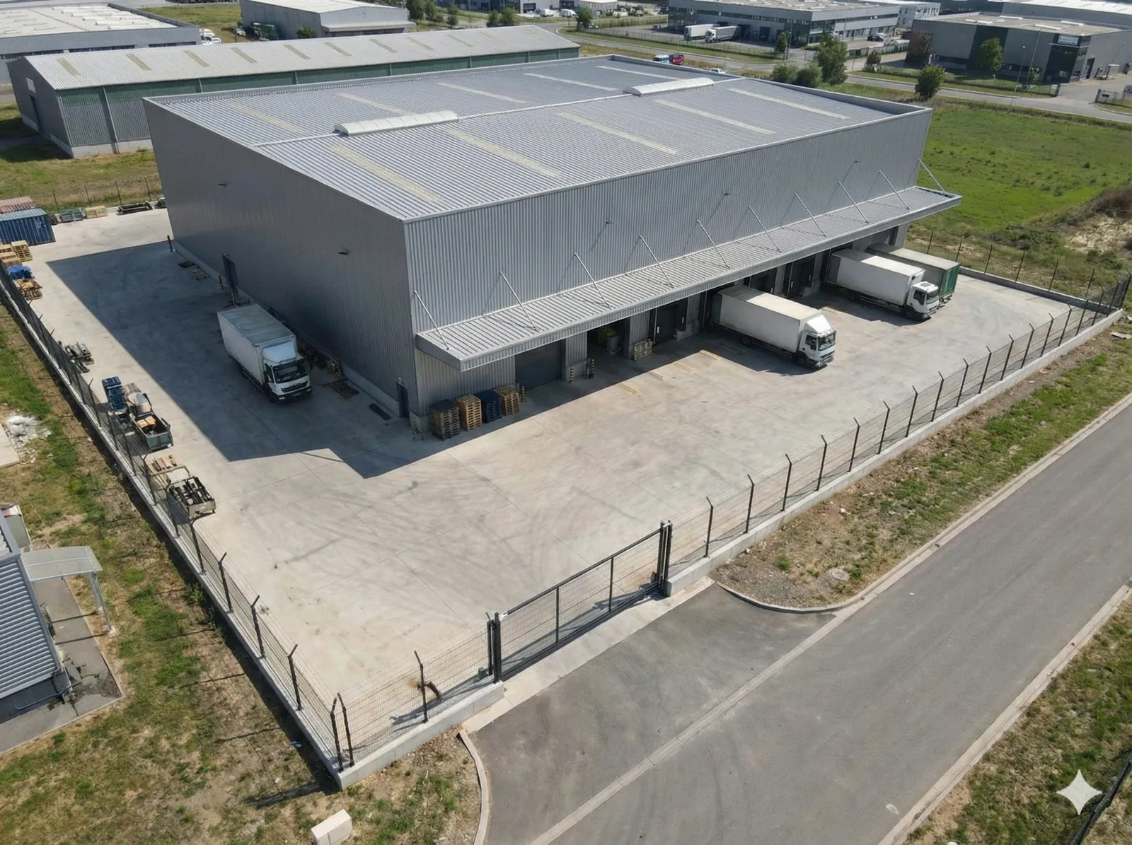 Aerial view of a Nexus Fence welded mesh perimeter around a logistics warehouse with trucks at loading bays