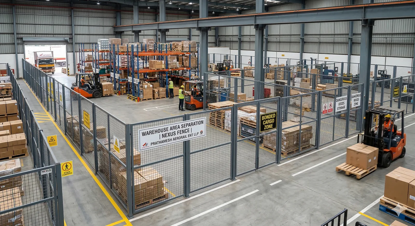Nexus Fence internal mesh partition separating a secure storage area inside an airport warehouse