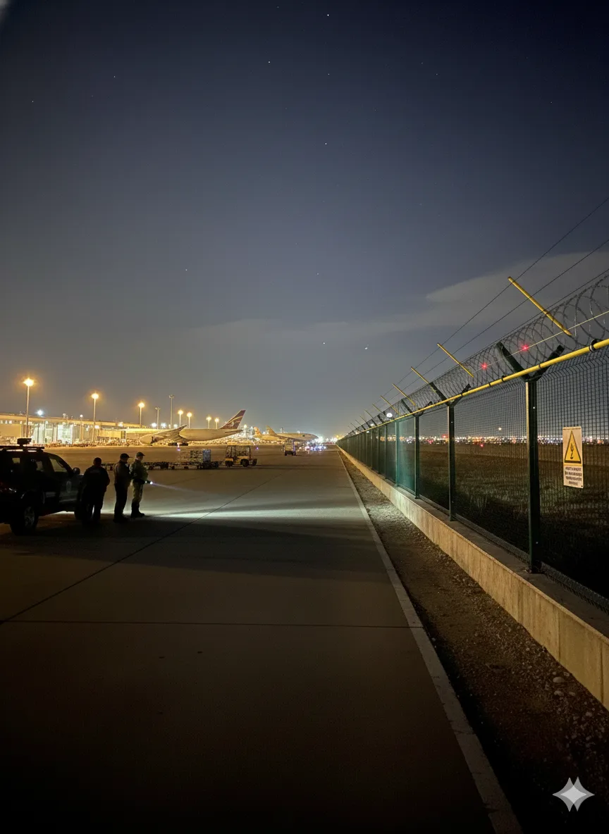 Nexus Fortis high-security airport perimeter fence lit at night