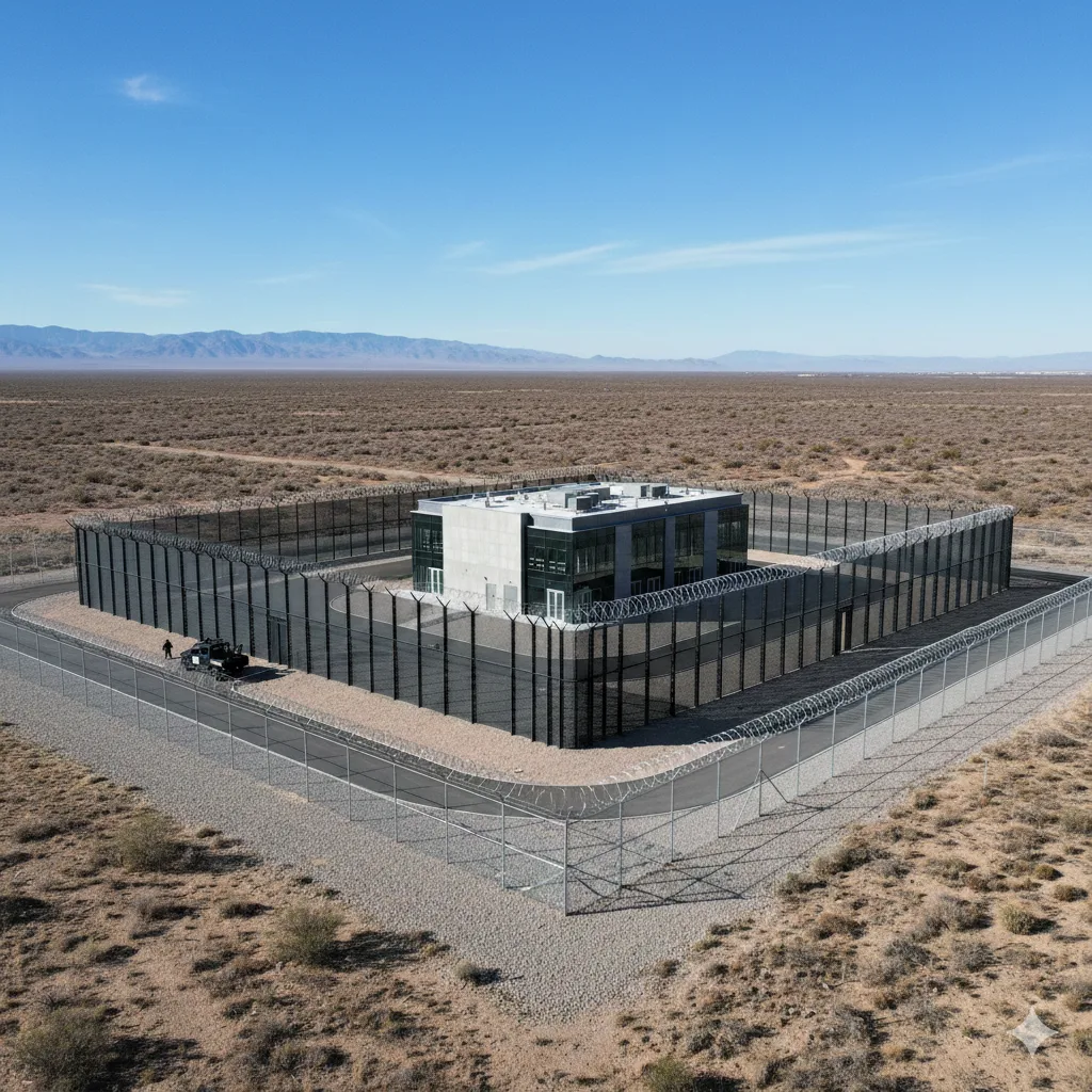 Nexus Fortis high-security perimeter around a remote command centre in a desert landscape