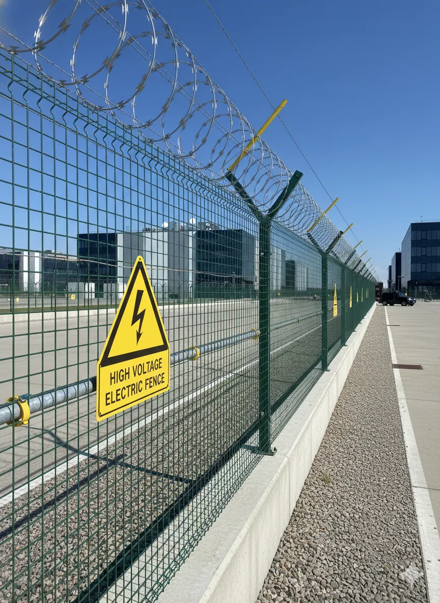 Close-up of Nexus Fortis anti-cut mesh with concertina coil and an electric fence warning sign
