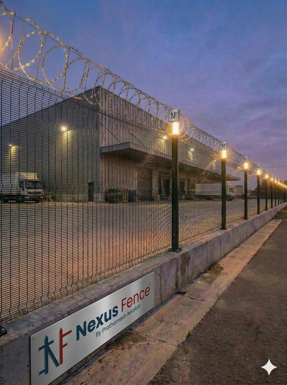 Nexus Fortis anti-climb mesh fence with concertina razor wire topping guarding a warehouse at night