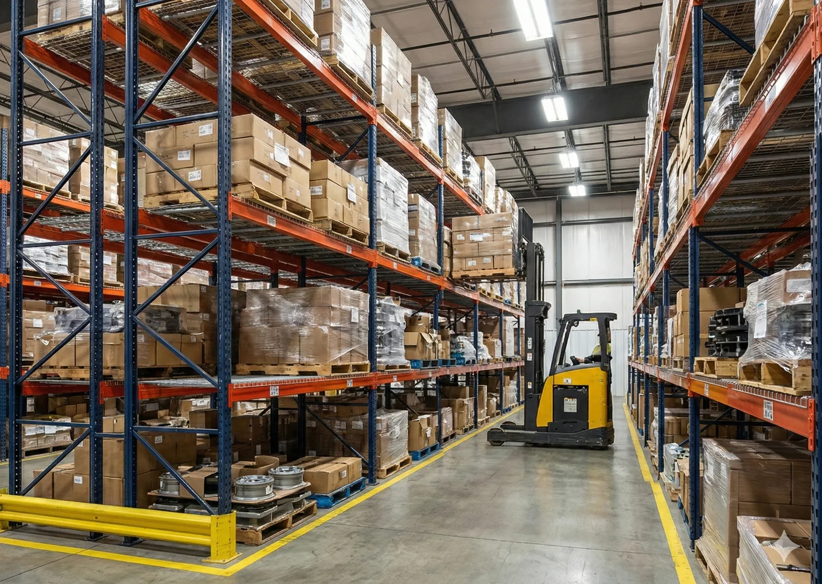 Nexus Indus-Shield mesh partition next to pallet racking inside a warehouse with a forklift