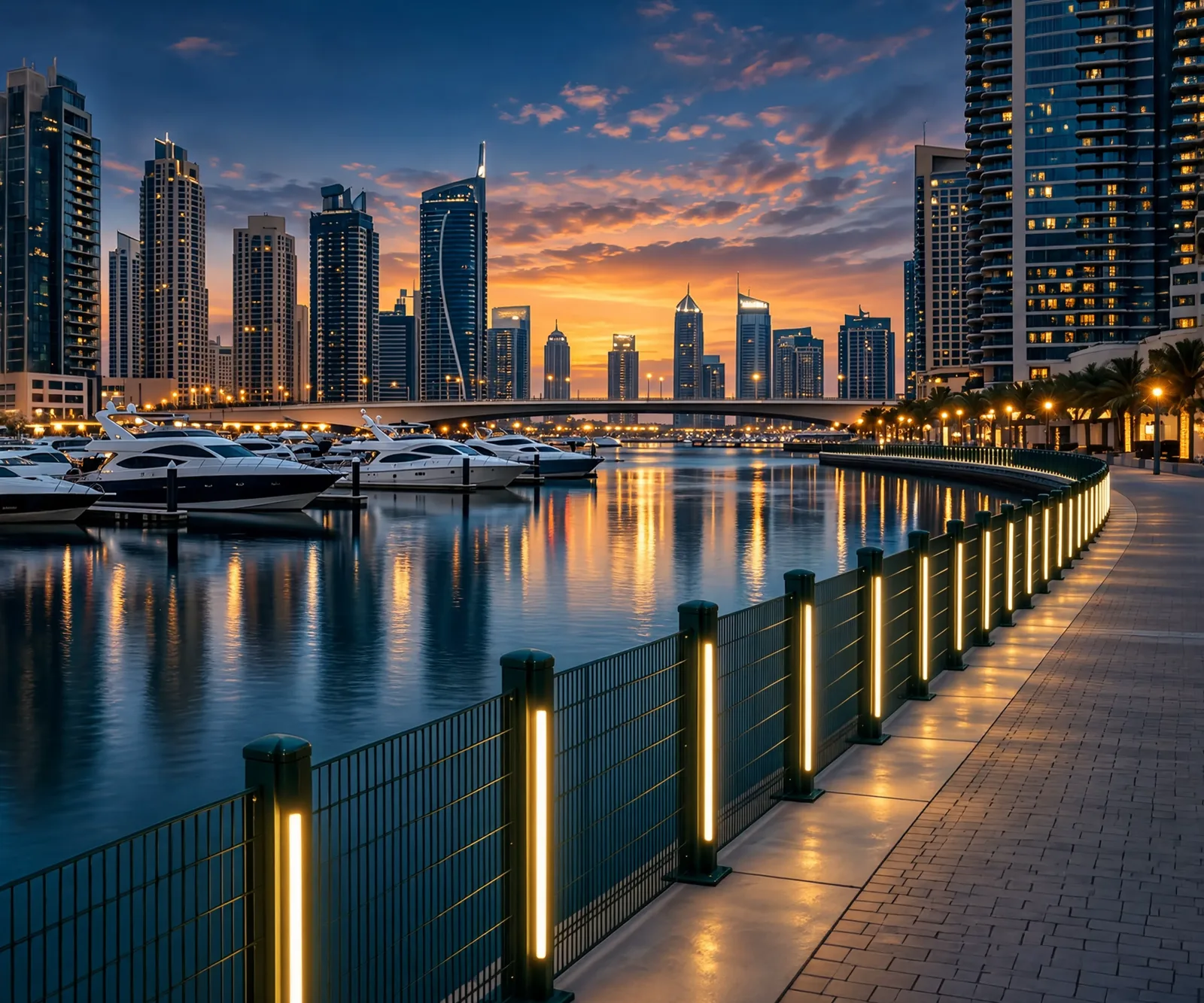 Nexus Lumos illuminated fence posts along a marina promenade at sunset with a city skyline behind