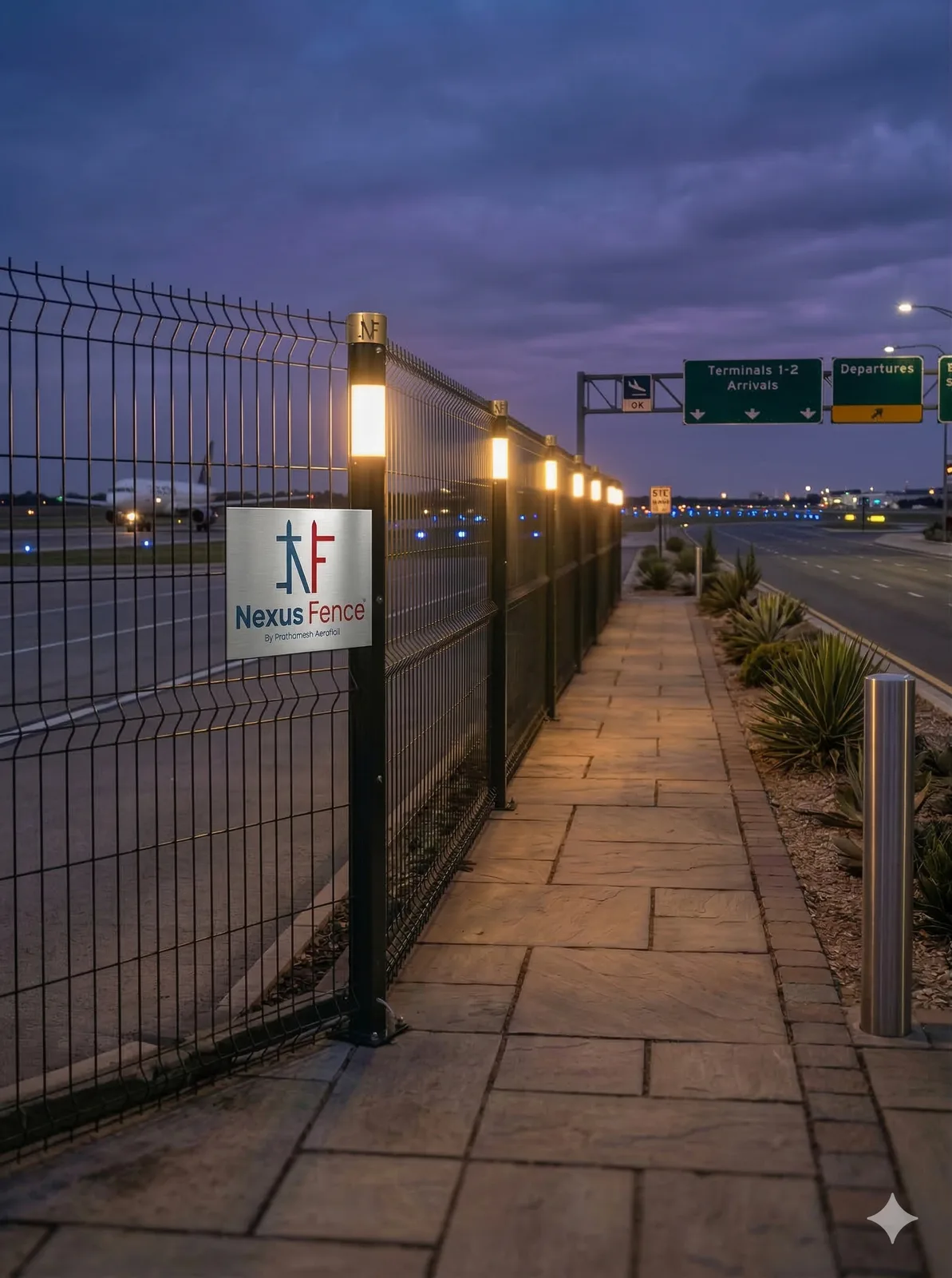 Nexus Lumos LED fence posts lighting a paved residential walkway at dusk