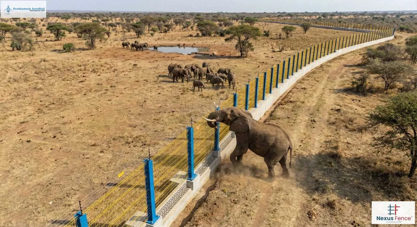 Bird's-eye view of a Nexus Terra perimeter fence separating elephants in a wildlife reserve from farmland
